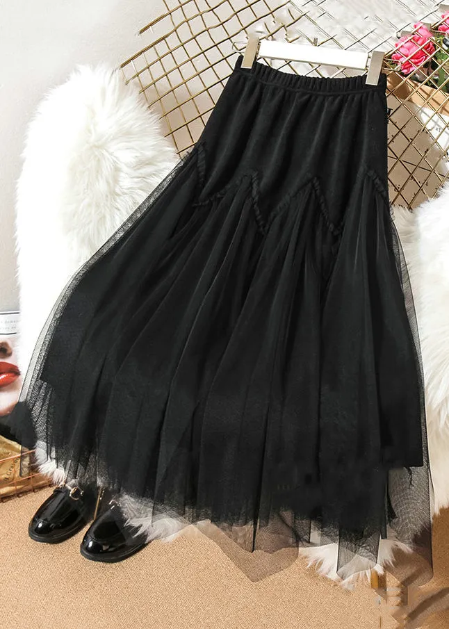 Loose Coffee Ruffled Elastic Waist Patchwork Tulle Skirts Spring AS1054