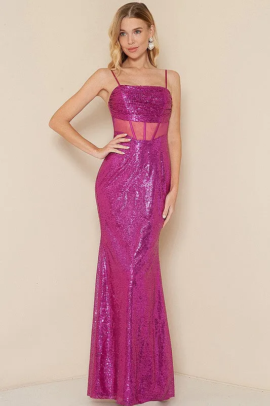 Magenta Corset Sleeveless Sequin Maxi Dress