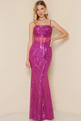 Magenta Corset Sleeveless Sequin Maxi Dress