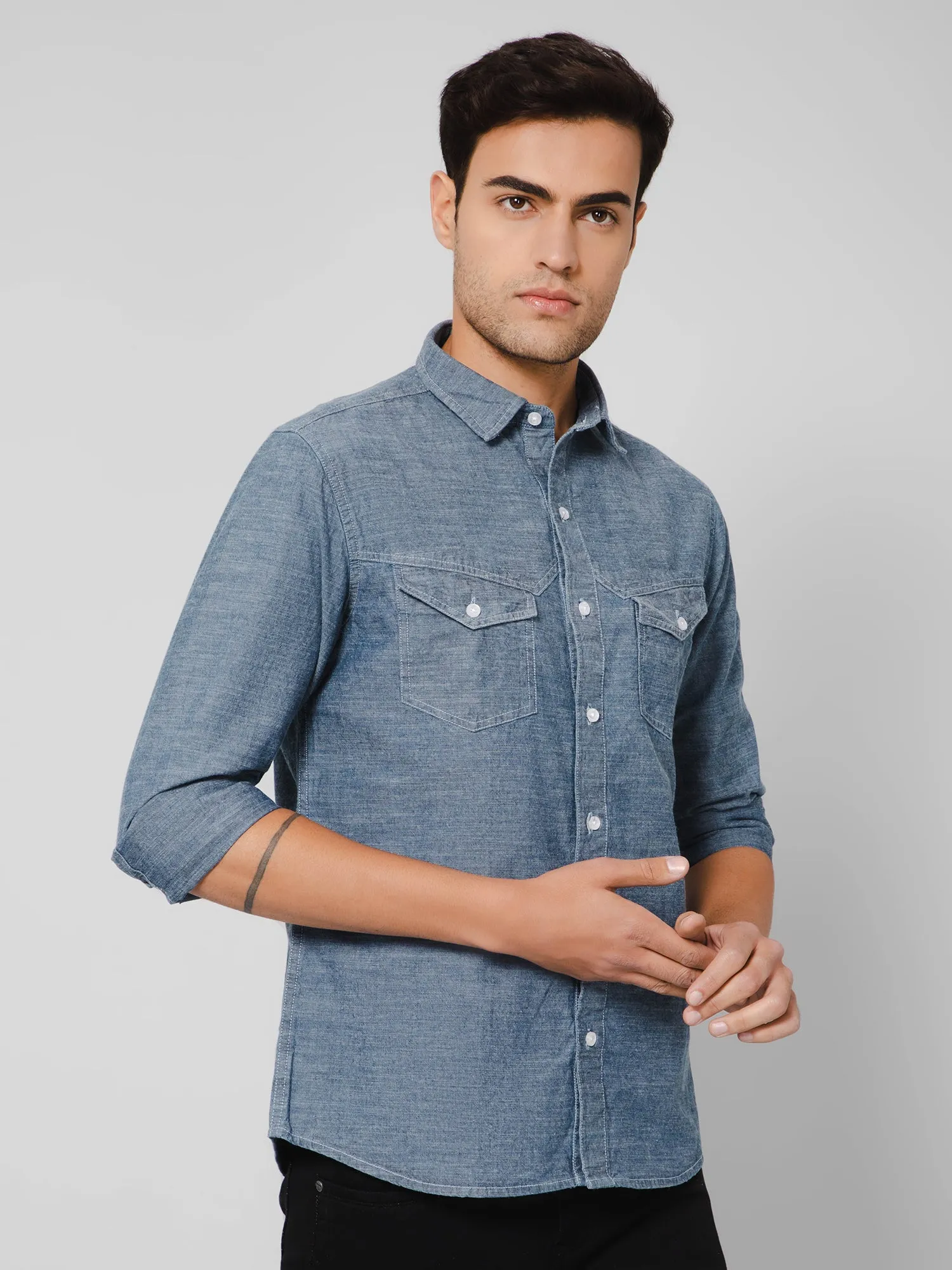 Men's Indigo Blue Casual Denim Full Sleeve Shirt