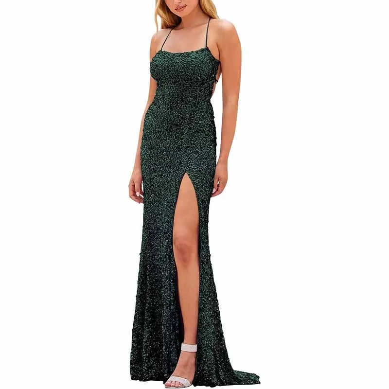 Mermaid Sparkly Glitter Evening Gown Spaghetti Straps Long Formal Dress