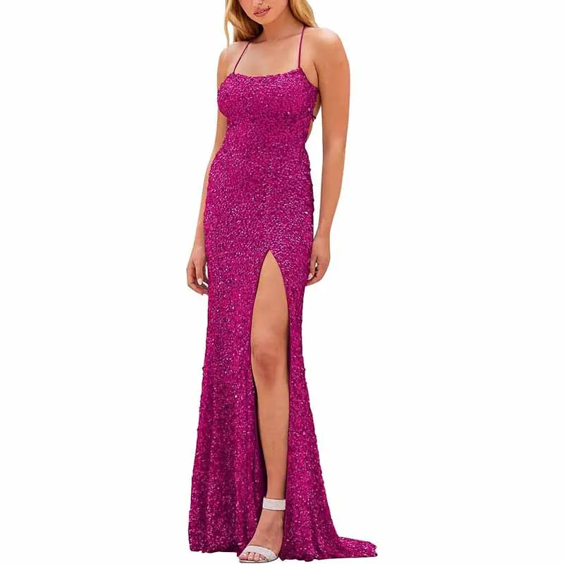 Mermaid Sparkly Glitter Evening Gown Spaghetti Straps Long Formal Dress