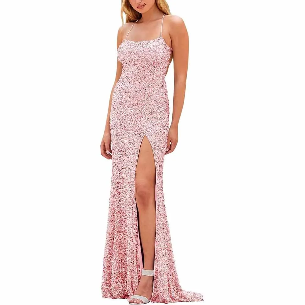 Mermaid Sparkly Glitter Evening Gown Spaghetti Straps Long Formal Dress