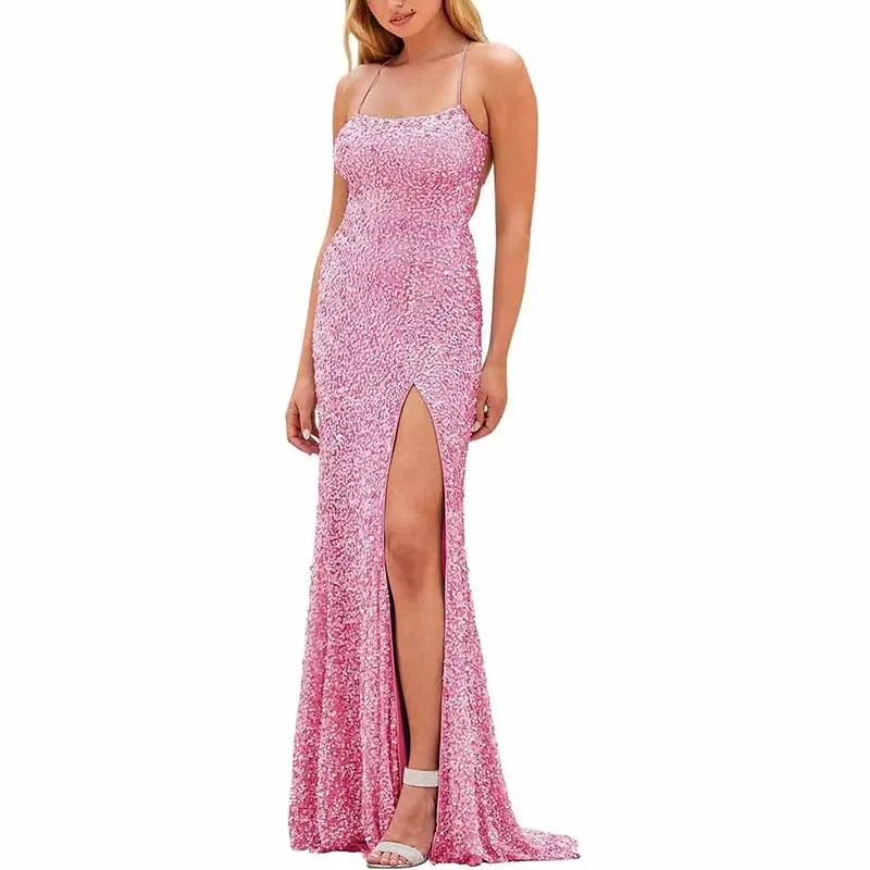 Mermaid Sparkly Glitter Evening Gown Spaghetti Straps Long Formal Dress