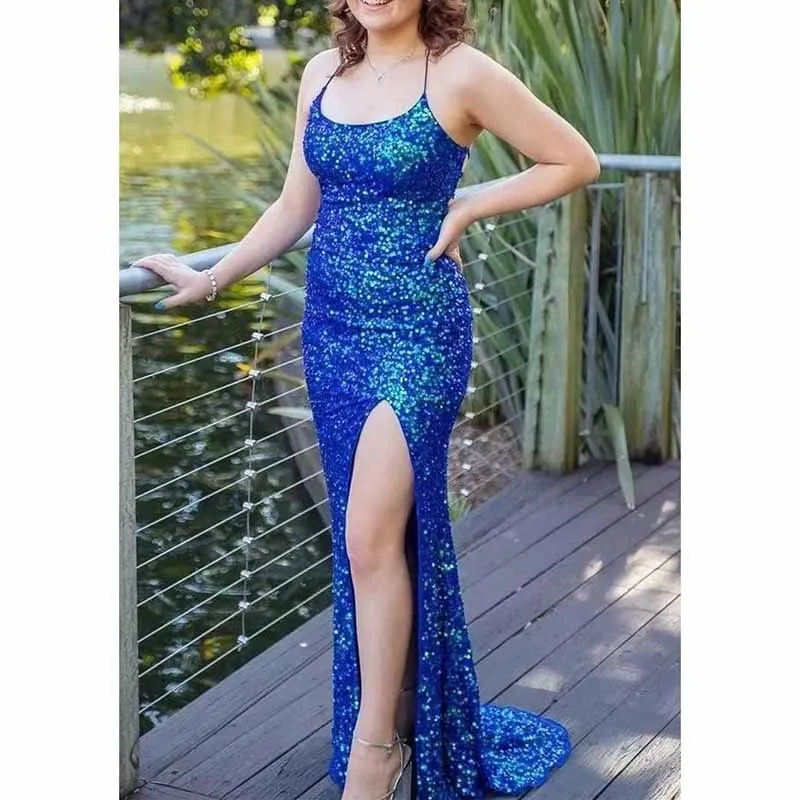 Mermaid Sparkly Glitter Evening Gown Spaghetti Straps Long Formal Dress