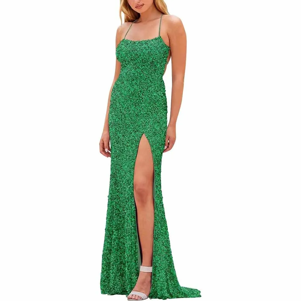 Mermaid Sparkly Glitter Evening Gown Spaghetti Straps Long Formal Dress