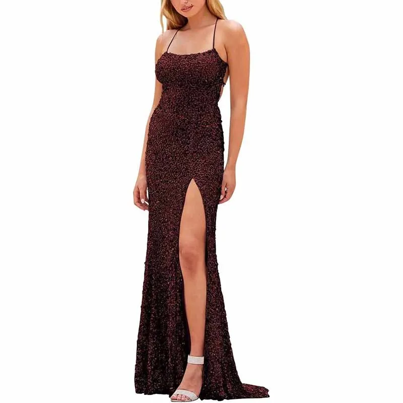 Mermaid Sparkly Glitter Evening Gown Spaghetti Straps Long Formal Dress