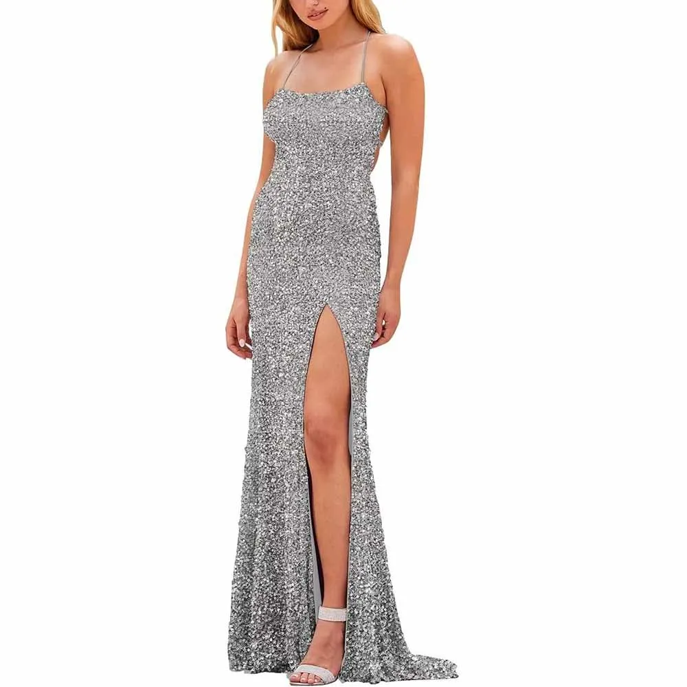 Mermaid Sparkly Glitter Evening Gown Spaghetti Straps Long Formal Dress