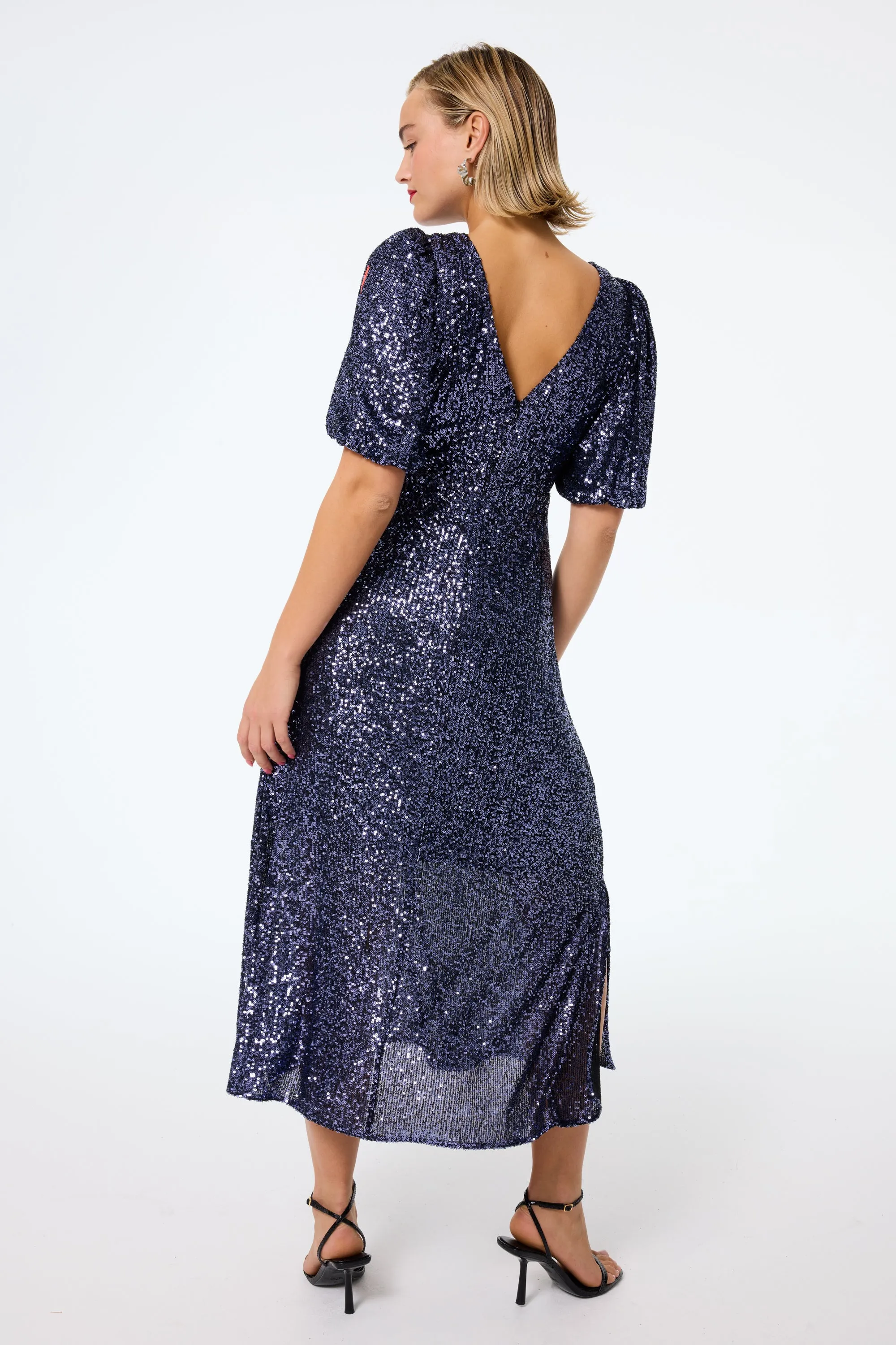 Navy Sequin Puff Sleeve Midi Dress