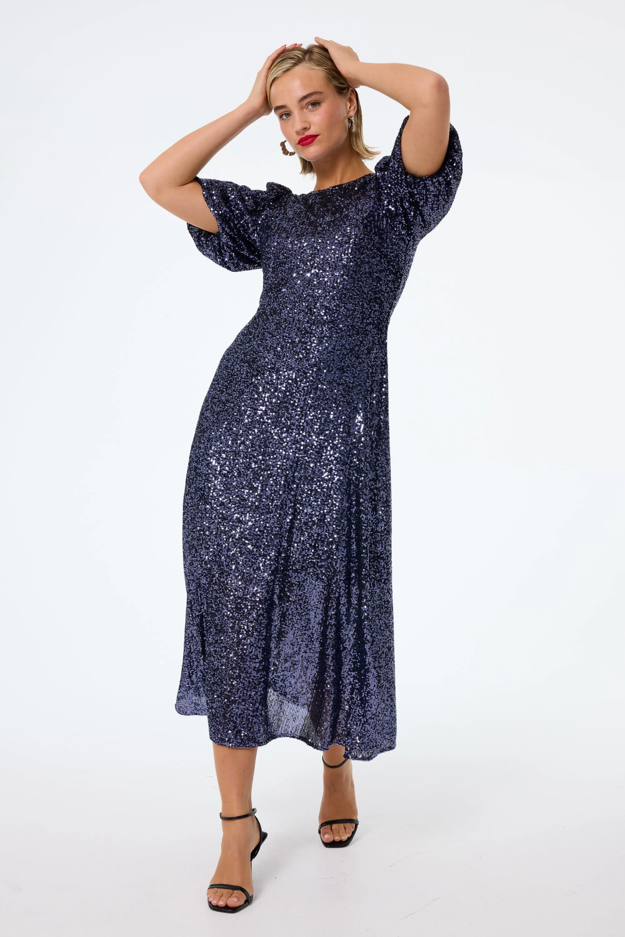 Navy Sequin Puff Sleeve Midi Dress