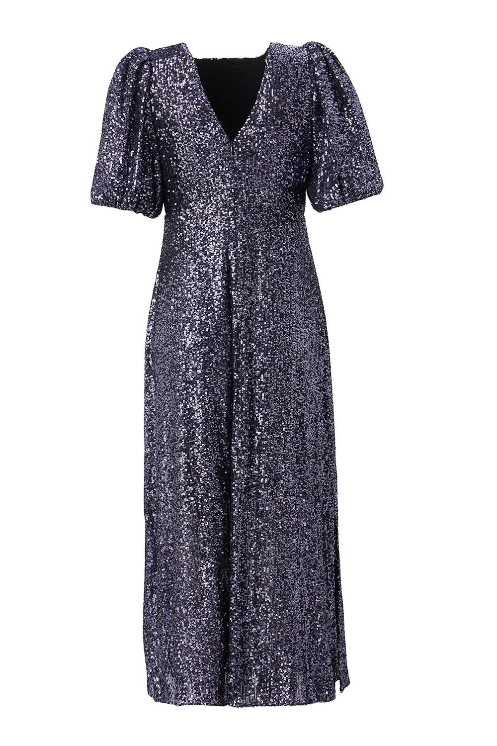 Navy Sequin Puff Sleeve Midi Dress