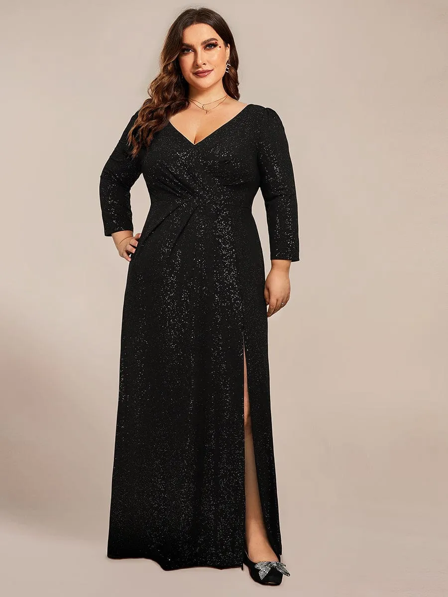 Plus Size Sparkling Long Sleeves Double V-Neck Sequin Evening Dress