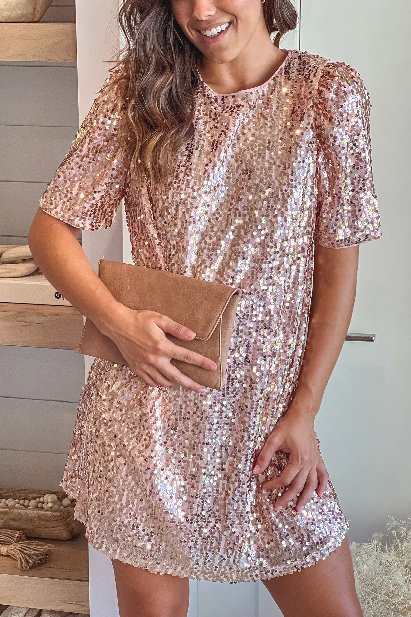 Rose Gold Sequin Puff Sleeves Short Dress