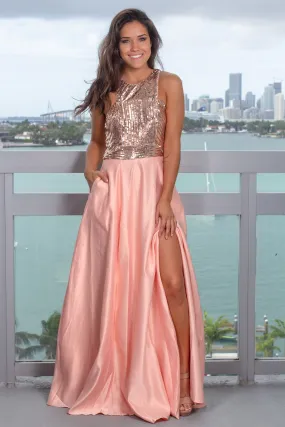 Rose Gold Sequin Top Maxi Dress with Pockets