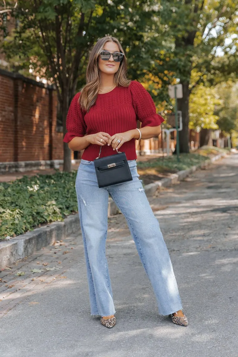 Scarlet Red Puff Sleeve Textured Sweater - FINAL SALE