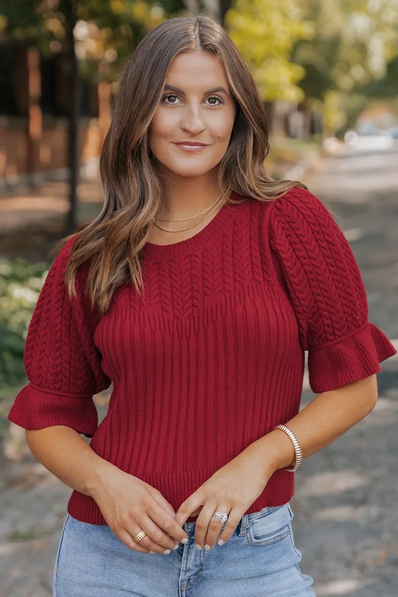 Scarlet Red Puff Sleeve Textured Sweater - FINAL SALE