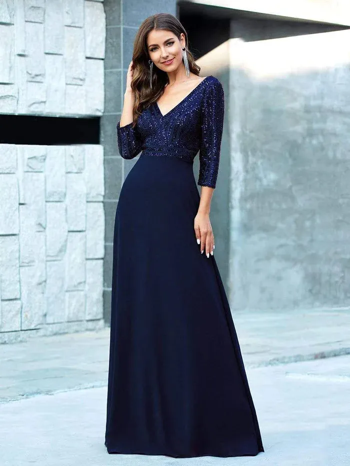 Sexy V Neck Sequin Evening Dresses with 3/4 Sleeve