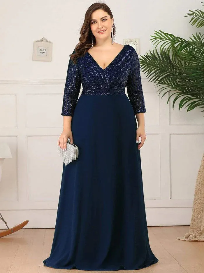 Sexy V Neck Sequin Evening Dresses with 3/4 Sleeve