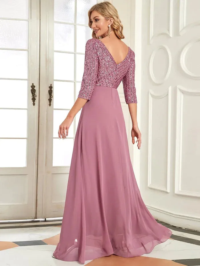 Sexy V Neck Sequin Evening Dresses with 3/4 Sleeve