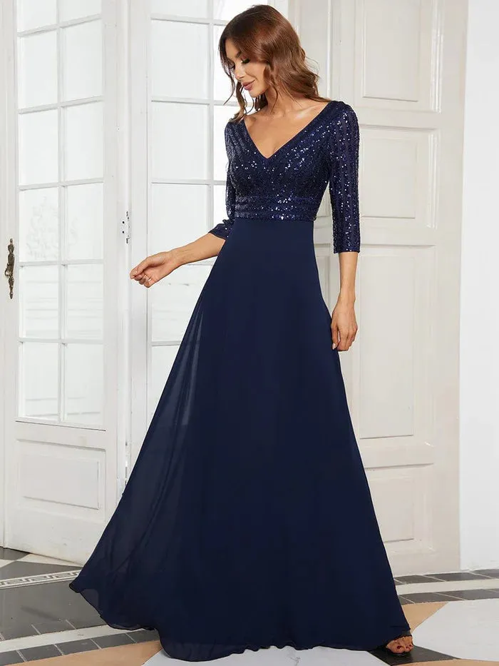 Sexy V Neck Sequin Evening Dresses with 3/4 Sleeve