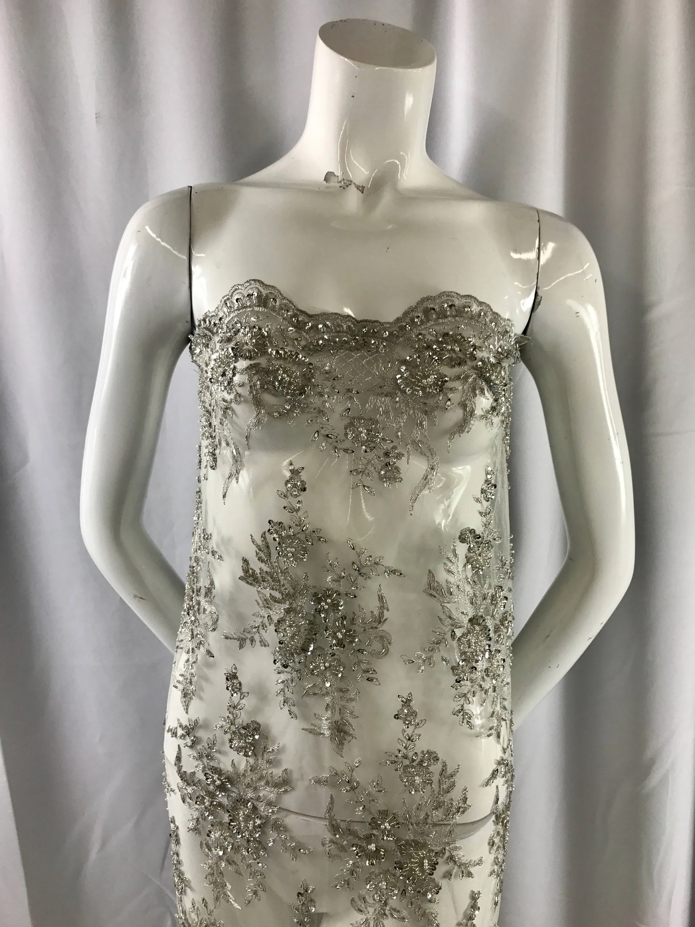 Silver flowers french design embroider and hand beaded a mesh lace-apparel-fashion-decorations-dresses-nightgown-Sold by the yard.