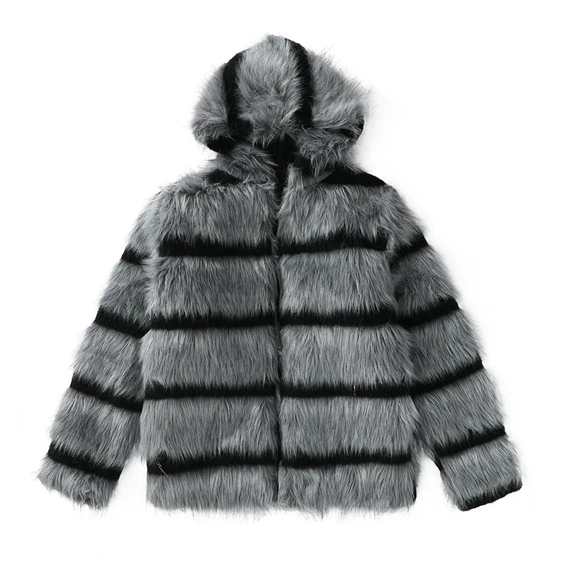 Striped Faux Fur Zip-up Hoodie