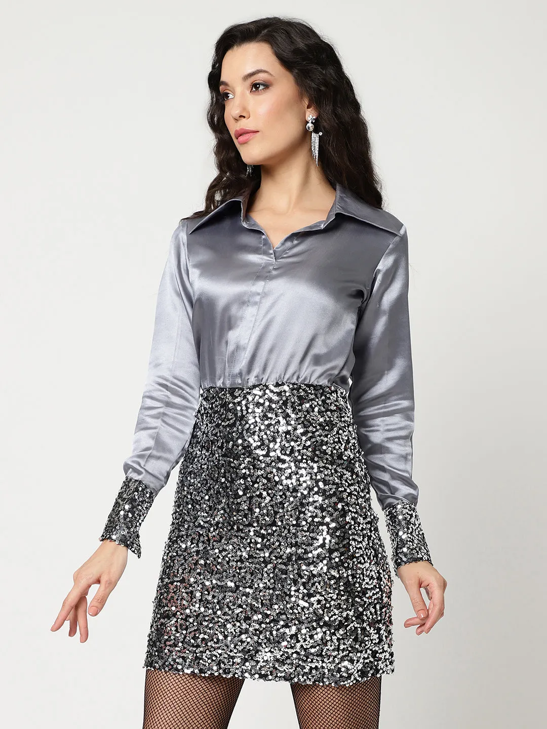 Stylish Shirt Style Dress With Sequin Bottom