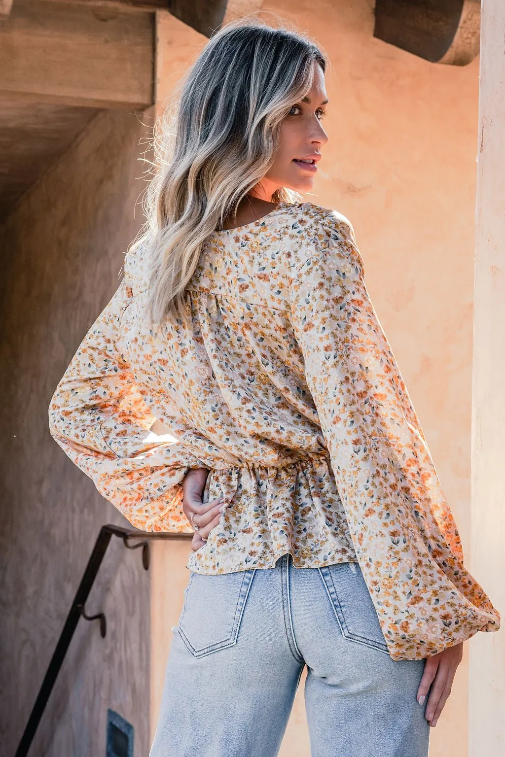 Taupe Floral Print Surplice Top