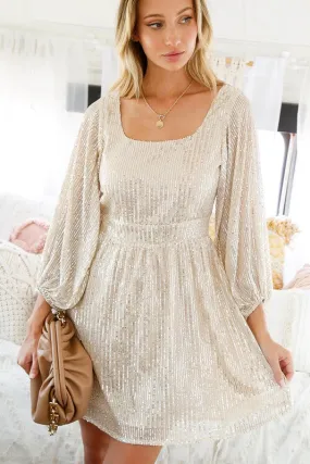 Taupe Squre Neckline Sequin Dress