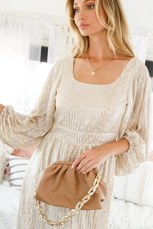 Taupe Squre Neckline Sequin Dress