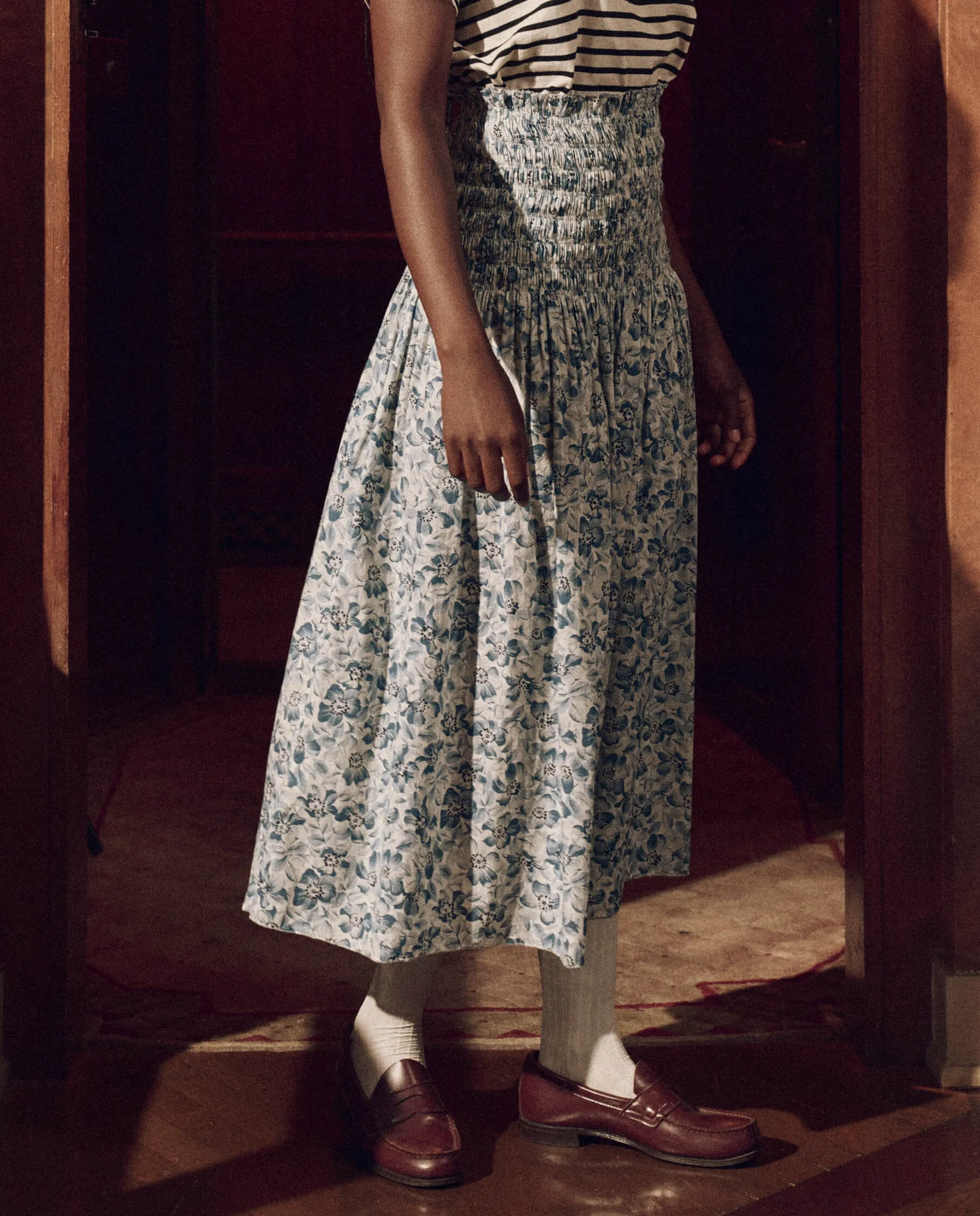 The Knoll Skirt. -- Light Sky Pressed Floral Print