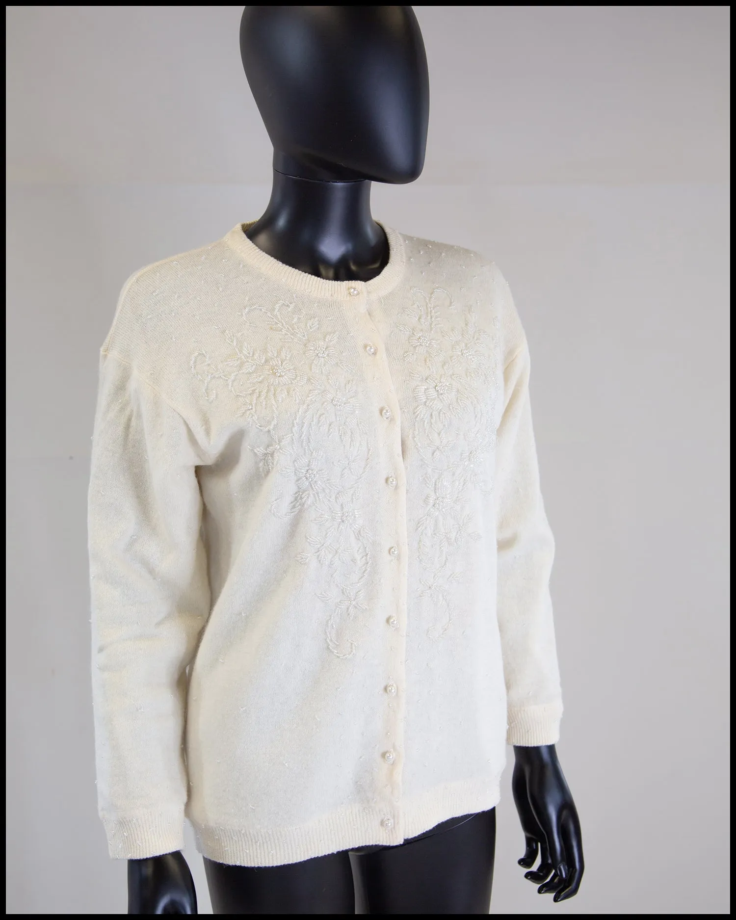 Vintage 1980s Ivory Beaded Wool Cardigan