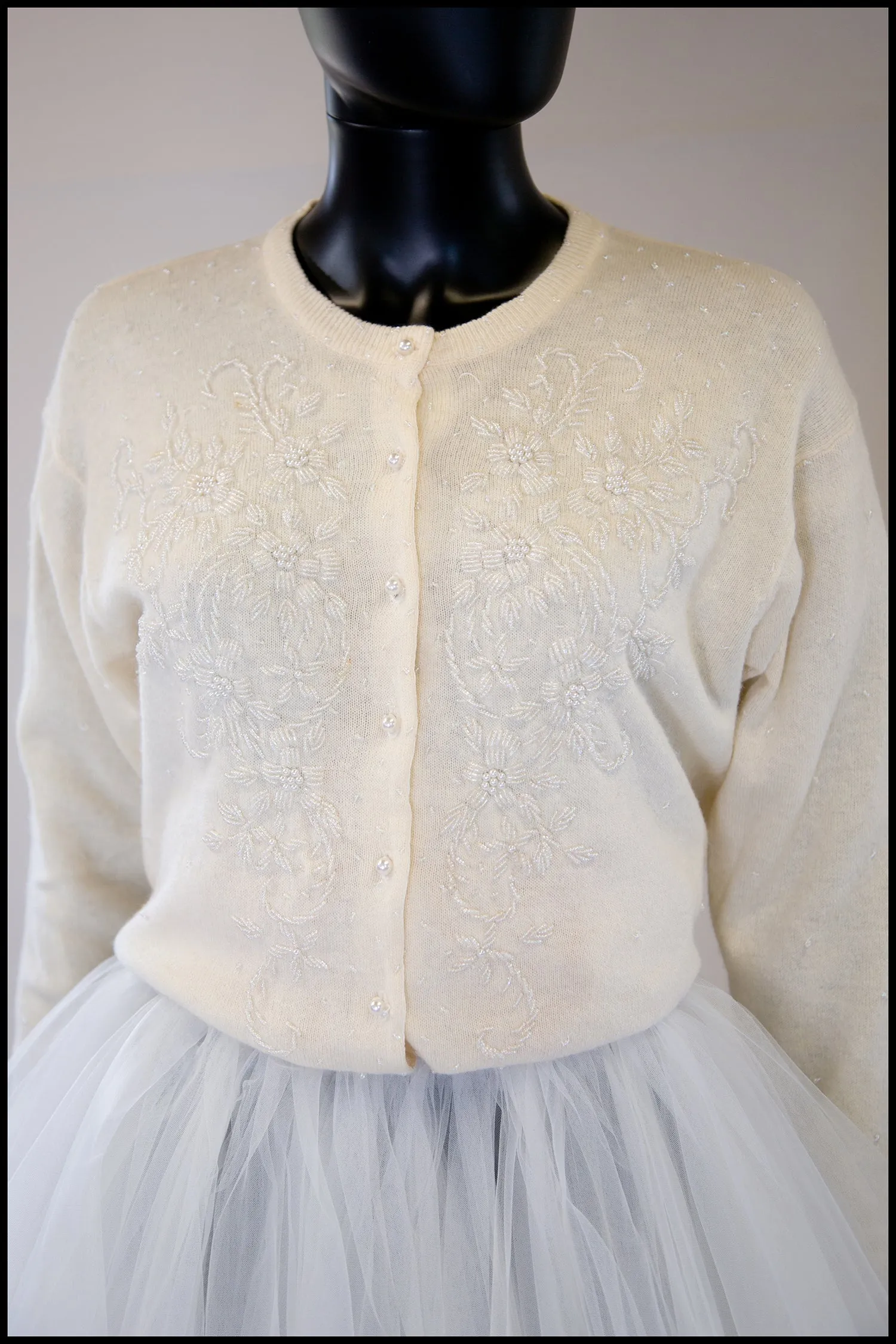 Vintage 1980s Ivory Beaded Wool Cardigan