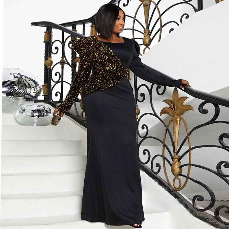 Women Plus Size Black Prom Dress Long Sleeves Formal Wedding Gowns