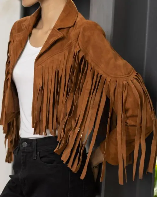 Women's Tan  Lambskin Suede Leather Jacket with Fringe Detailing