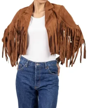 Women's Tan  Lambskin Suede Leather Jacket with Fringe Detailing