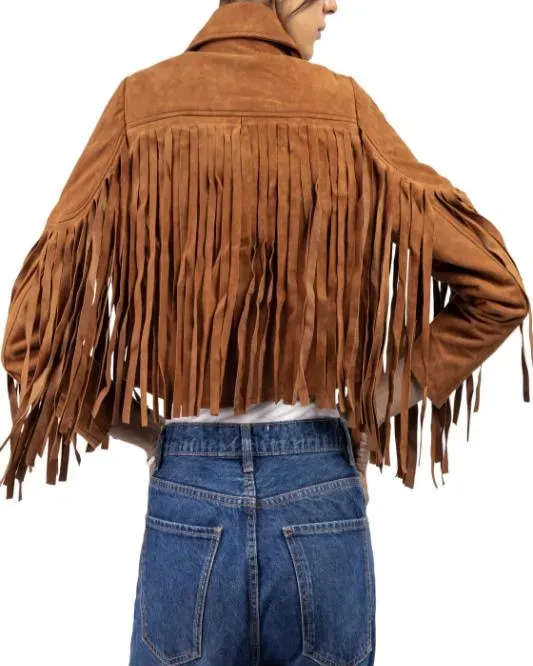 Women's Tan  Lambskin Suede Leather Jacket with Fringe Detailing