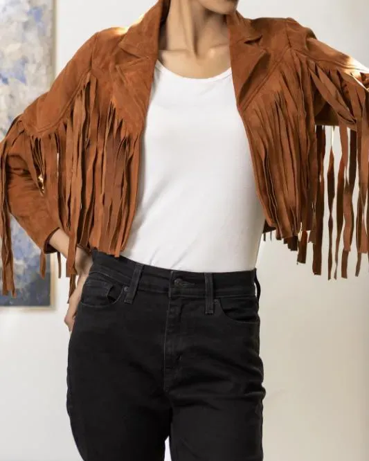 Women's Tan  Lambskin Suede Leather Jacket with Fringe Detailing