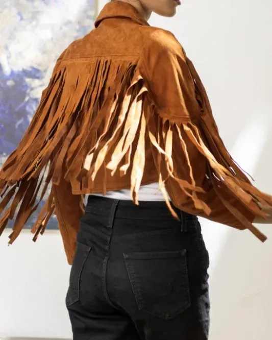 Women's Tan  Lambskin Suede Leather Jacket with Fringe Detailing