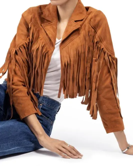 Women's Tan  Lambskin Suede Leather Jacket with Fringe Detailing